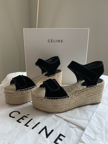 CELINE Espadrilles Black Velvet Scratch Wedge Platform Sandals Phoebe 40 NEW - Picture 6 of 12