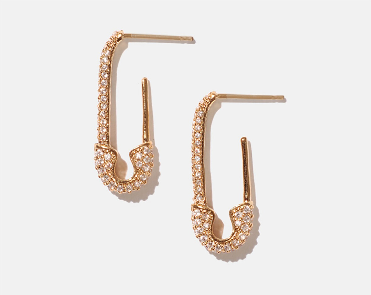 Safety Pin Earrings Stud 14k Gold plated Silver CubicZirconia Girls Gift Fashion