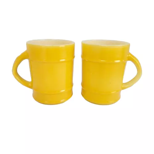 Vintage Fire-King Barrel Mugs Pair Set of 2 Yellow Anchor Hocking USA Oven Proof