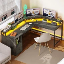 LED L Shaped Desk 67 inch Corner Computer Desk with Power Outlets & File Drawer