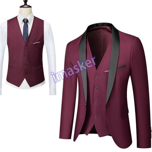 Vestido de Noche de Boda 3 Piezas Chaqueta+Pantalones+Chaleco Hombres Traje Conjunto Calce Ajustado Esmoquin - Imagen 22 de 29