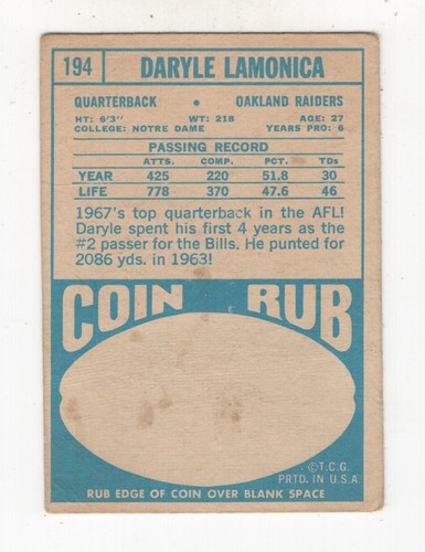 1968 TOPPS FOOTBALL DARYLE LAMONICA OAKLAND RAIDERS #194 - Picture 2 of 2