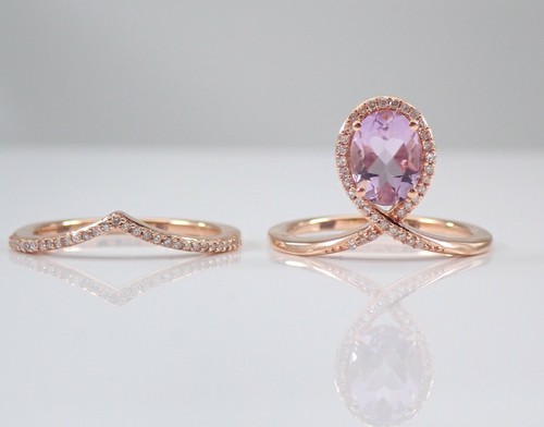 Rose Gold Diamond and Amethyst Halo Engagement Ring Wedding Band Set - Picture 2 of 5
