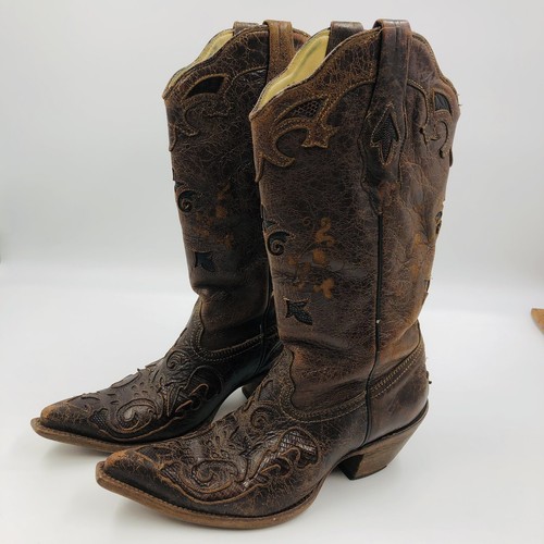Corral Vintage C2109 Lizard Inlay Brown Leather Point Toe Western Boots Sz 7.5 M
