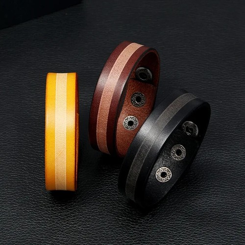 Genuine Leather Wide Bracelet Bangle Punk Wristband Fashion Rock Jewelry For Men - 第 18/19 張圖片