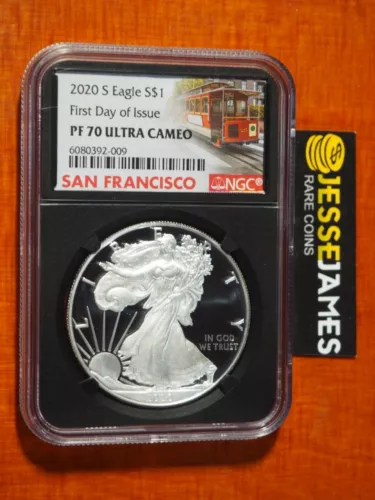 2020 S PROOF SILVER EAGLE NGC PF70 ULTRA CAMEO FIRST DAY OF ISSUE FDI TROLLEY
