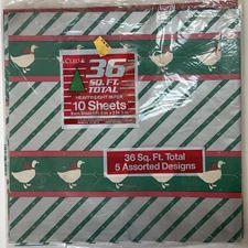 VTG ‘80s Gift Wrap Wrapping Paper Sheets 5 Designs. Country Geese, Santa Snowmen