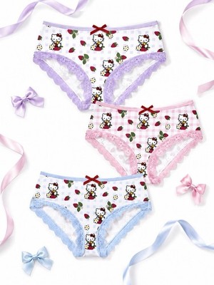 Women s Teen Hello Kitty Brief Panties Cartoon Lace Kawai Pink Purple Blue 3pk L