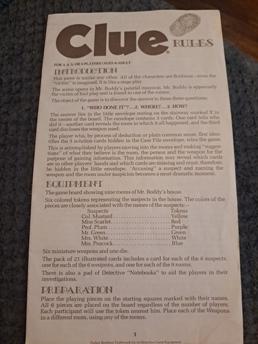 Vintage Clue Replacement Rules 1970s Good Pre-owned Condition - Picture 1 of 5