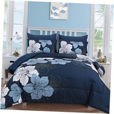 Comforter Set Size, 7 Pieces Bed in a Bag Floral Comforter and Queen Navy Blue
