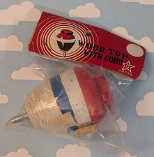 Vintage Wood Top w/ Cord - Made in Japan - Spinning Wooden Red White Blue Toy