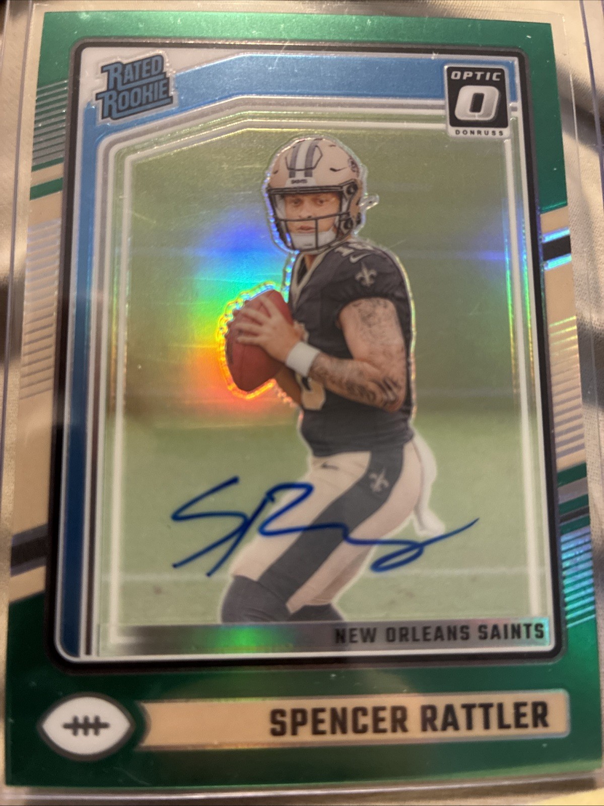 2024 Donruss Optic Spencer Rattler Rated Rookie GREEN PRIZM AUTO /5 SP Saints