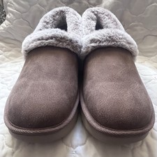 Skechers Memory Foam Slip-On Slippers Faux Fur Trim Brown Women's Size 10