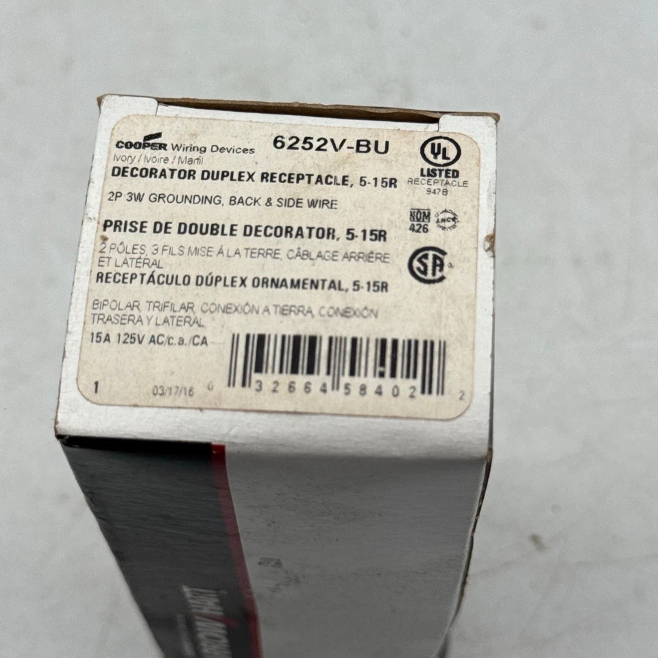 Cooper Wiring Devices Electrical Outlet Decorator Duplex Receptacle 6252VBU - Image 2 of 4