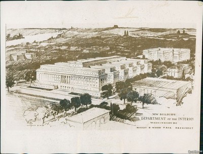 1936 Photo Drawing, New Interior Department Bldg Washington Dc Architecture 7x9