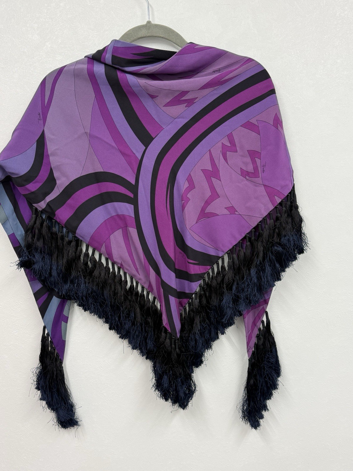 Emilio Pucci Silk Fringe Signature Print Scarf Shawl Wrap Purple Black