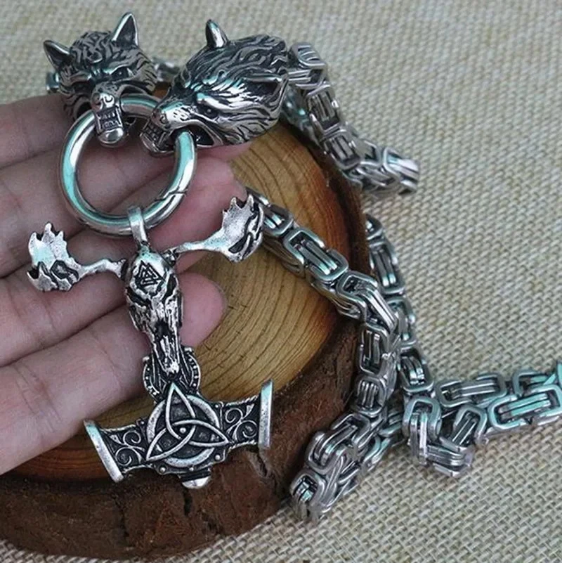 🔥 Herren Edelstahl Wikinger Kette 🐺 Wolfskopf Mjölnir Thors Hammer Amulett ⛓️ - Bild 3 von 4