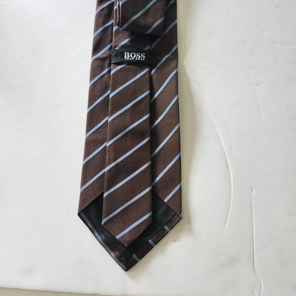 BOSS Neck Tie Mens Brown Blue Stripe Silk - Image 4 of 4