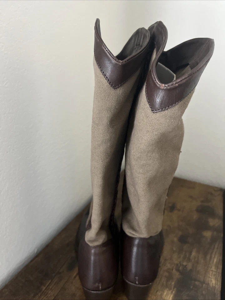 Frye Jane Trenzado Cuero Lona Bota de Montar Marrón EE. UU. 8 1/2 B 77225 Vaquero Occidental Foto 3 de 4