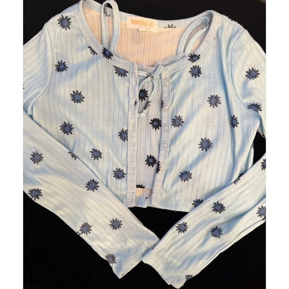 Conjunto de cárdigan y falda floral Preppy Kensie niña talla 10 azul margarita conjunto informal Foto 3 de 4