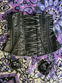 Orchard Corset Black Satin 20 - 25  inch waist New Cotton Lined Lace Up Back