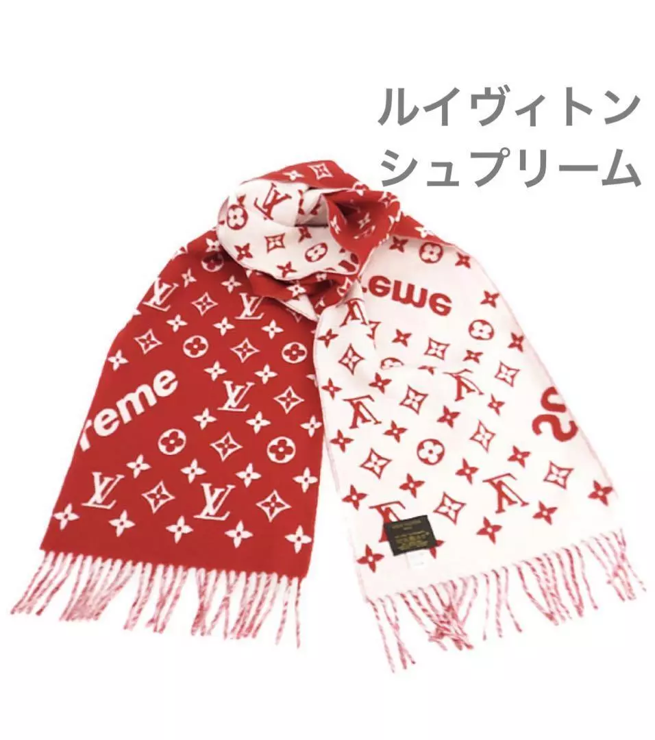 LOUIS VUITTON × Supreme Scarf Red White Wool Cashmere Unisex