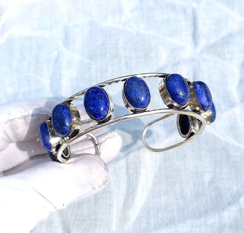 925 Sterling Silver Blue Lapis Lazuli Gemstone Handmade Jewelry Cuff Bracelet - Picture 2 of 4