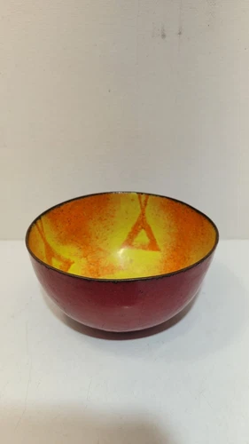 Vintage Enamel Over Copper Bowl Red & Yellow W Orange Design Signed J.W 69