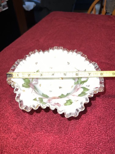 Plato de caramelo vintage Fenton Silvercrest pintado a mano rosas rosadas vidrio de leche - Imagen 9 de 9