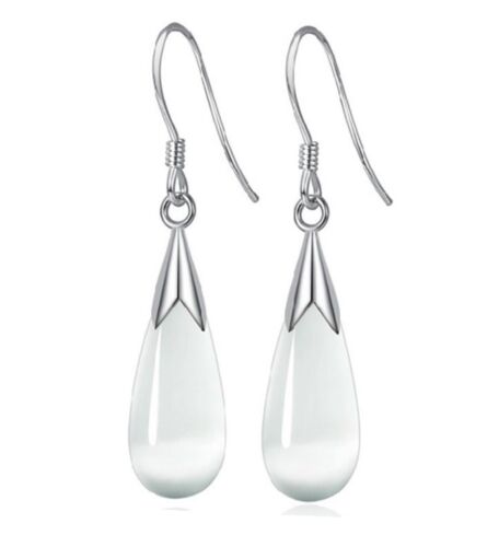 925 Sterling Silver Opal Moonstone Teardrop Water Drop Dangle Pierced Earrings - Picture 7 of 14