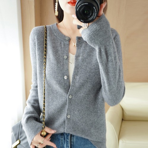 Womens Wool Blend Spring Sweater Button Loose Round Neck Short Knitted Cardigan