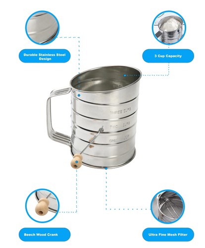 Mainstays Stainless Steel 3 Cup Flour Hand-Crank Sifter with Beechwood Handle - Picture 4 of 7