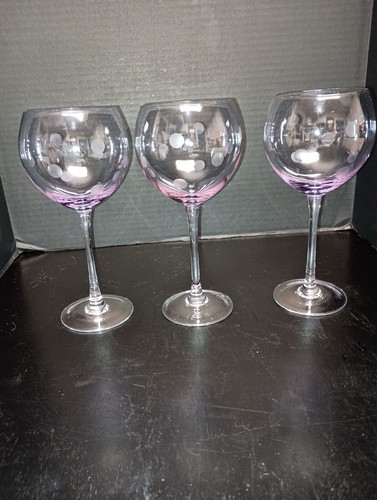 Set Of 3 Etched Polka Dot Wine / Water Goblet Glasses By Block - Picture 8 of 8
