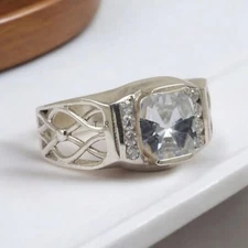 Moissanite Cushion Cut Gemstone With 925 Sterling Silver Ring For Men's #997