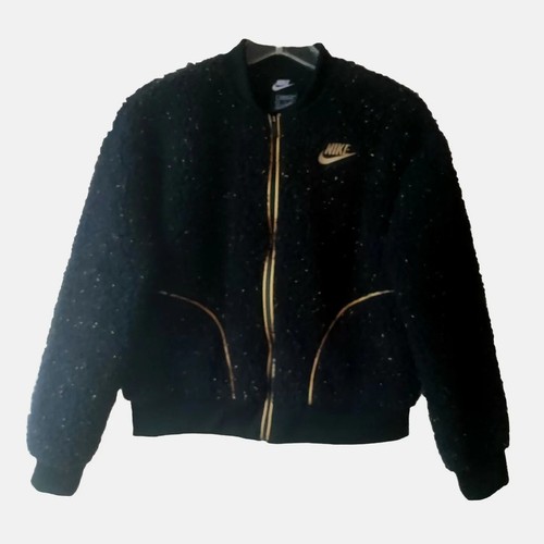 Nike Loose Fit Sportswear Big Girls Fleece Black Gold Metallic Bomber Jacket XL - Picture 4 of 12