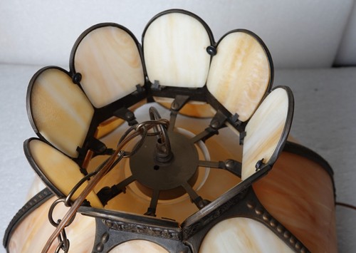 VINTAGE BENT SLAG STAINED GLASS HANGING CHANDELIER 17" DIAMETER EARTH TONE - Picture 10 of 21