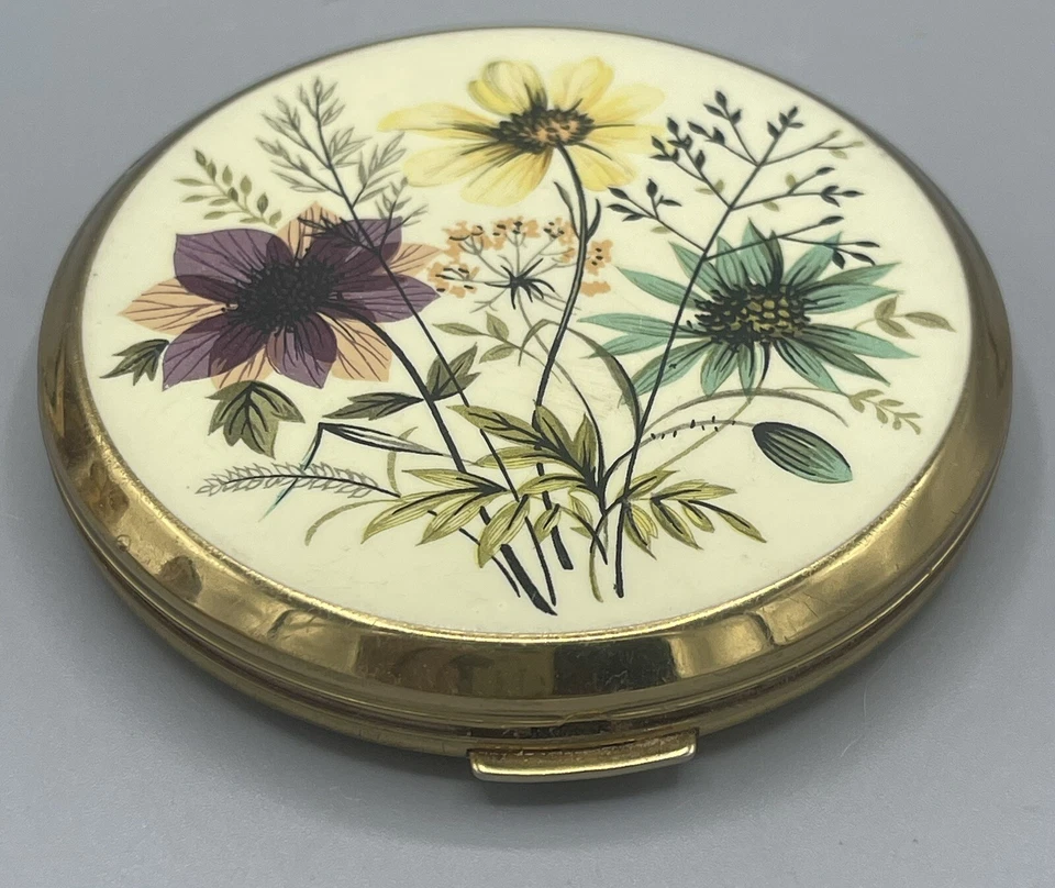 De Colección Stratton Compacto Hecho en Inglaterra Esmalte Floral Espejado Polvo Caja Sin Puff Foto 4 de 4