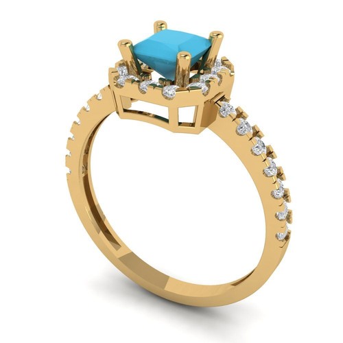 0.89Ct Princess Cut Simulated Turquoise Halo Engagement Ring, 14K Yellow Gold - Picture 2 of 11