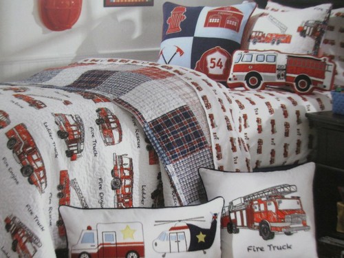Set lenzuola trapuntate Boy Zone bambini bianco rosso camion dei pompieri plaid 4 pezzi REVERSIBILI - Twin
