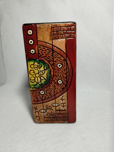 Vintage Abstract Pottery Vase Hieroglyphics Design Brick-Red Sun-Orange 6" - Picture 5 of 8