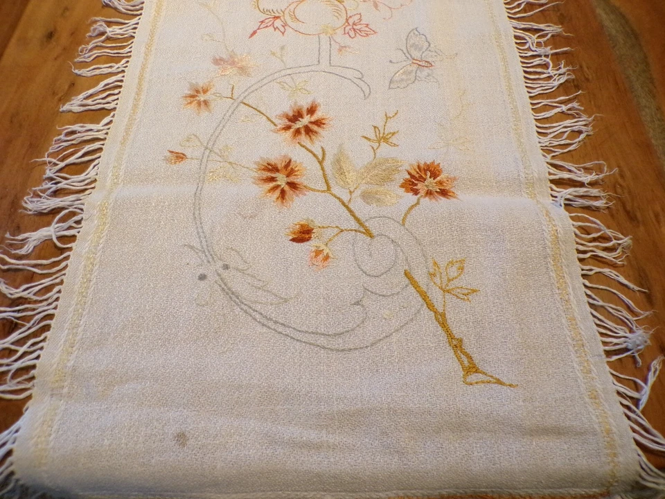 Linge ancien Chemin de table en coton brodé avec franges ( ref 45 ) - Photo 3/4