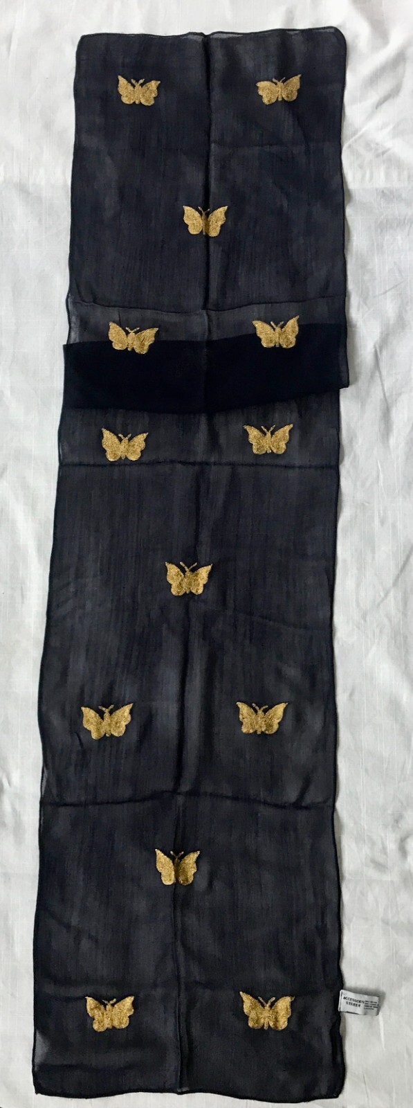 NAVY BLUE SCARF Chiffon Rolled edges Embroidered Gold Butterflies NEW ...