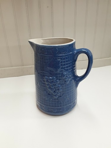 Large UHL Stoneware Pottery Pitcher Solid Blue Grape & Trellis/Lattice w/ Ivy