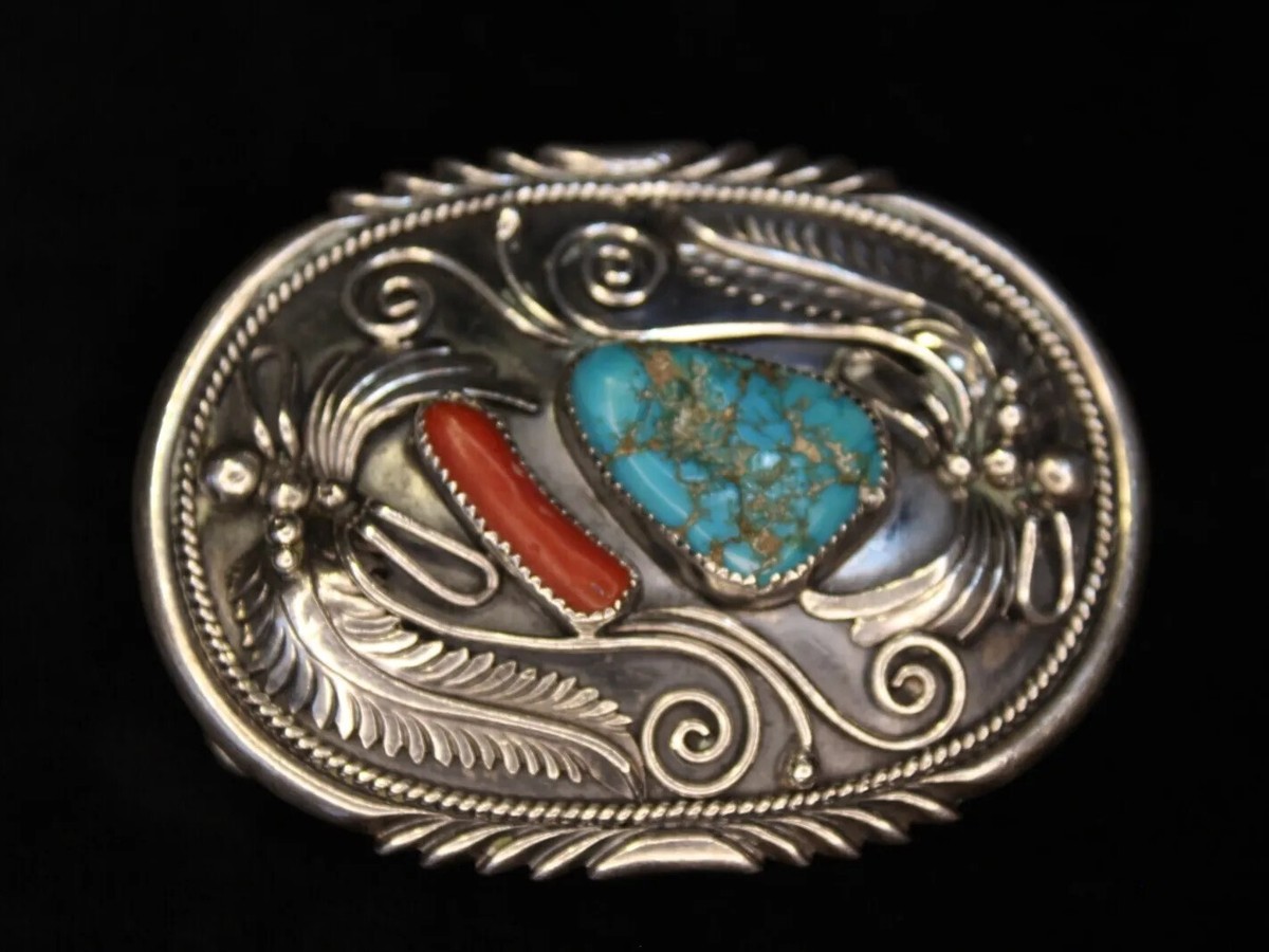 Hoskie Nez Navajo Sterling Belt Buckle Turquoise & Coral Hoskie Nez Navajo Sterling Belt Buckle Turquoise & Coral