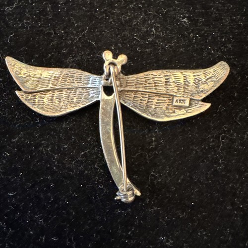 VTG STERLING SILVER DRAGONFLY GEMSTONE BROOCH PIN MARCASITE 925 1.5” 981 - Picture 5 of 9