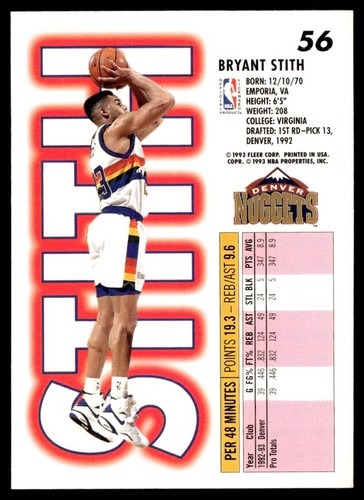 1993-94 Fleer Bryant Stith Denver Nuggets #56 - Picture 2 of 2