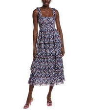Ganni Pleated Georgette Flounce Smock Midi Dress Women's