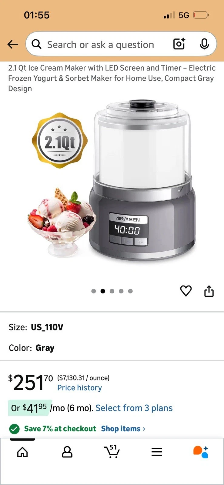Airmsen Ice Cream Maker, 2.1-Quart Automatic Ice Cream Machine with LED Screen
Opens in a new window