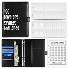 100 Envelope Challenge Binder, PU Leather A5 Binder Budget Book with Cash Black