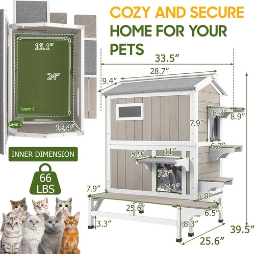 Petscosset Outdoor Cat House Weatherproof with Balcony Wooden Feral Cat Shelter - Picture 2 of 9